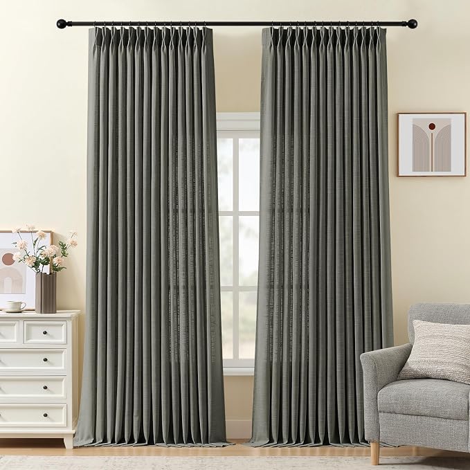 96 Inch Linen Pinch Pleated Sheer Light Filtering Curtains for Living Room | Semi Sheer, Farmhouse, Semi Sheer, Pinch Pleat, Linen Blend, Hook Ring, Memory Shape, W40xL96, 2 Panels, Charcoal Grey