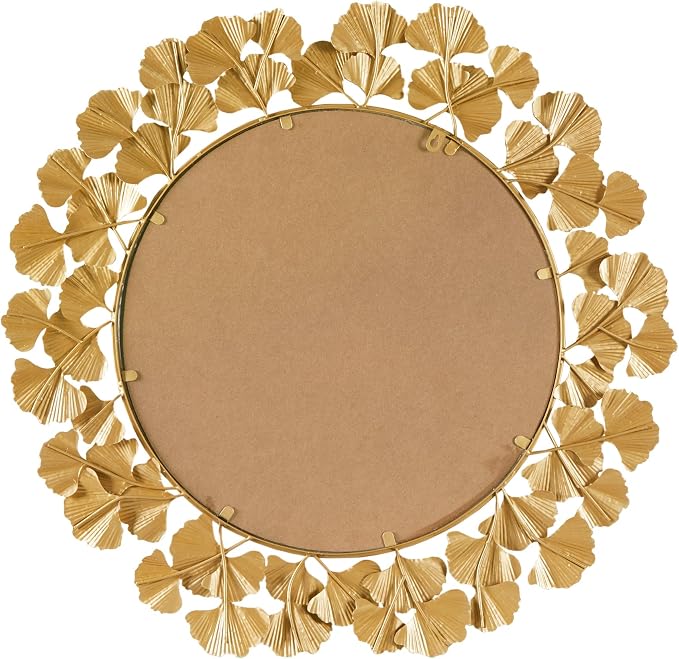 Martha Stewart Wall Décor Large Gingko Leaf Round Wall Mirror for Living Room, Iron Metal Plate Frame Antique Finish, Ready to Hang Bedroom Decoration, Eden, 30.5", Gold