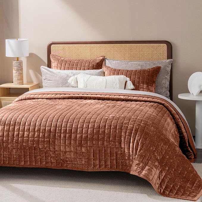 RECYCO Channel Box Stitch Velvet Quilt Set, King Size, Terracotta | Ultra Soft Lightweight Velvet Comforter, Luxury Oversized Bedspread Coverlet, Quilted Bedding Set for All Season with 2 Shams