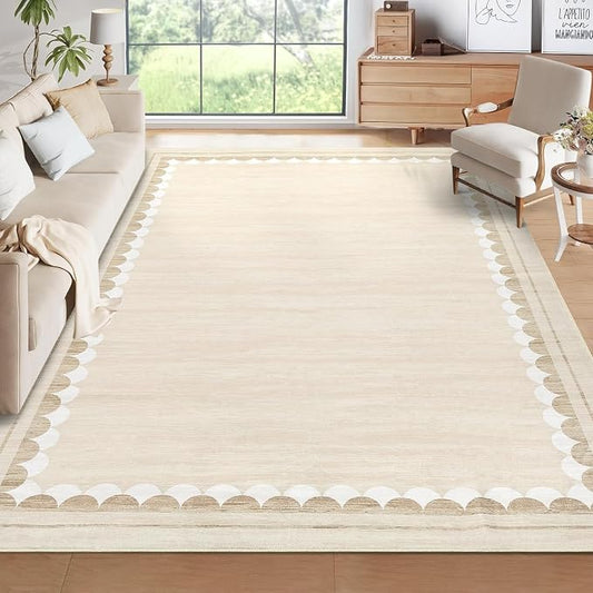 COZYLOOM 5x7 Living Room Rug Washable Bedroom Rug with Non Slip Backing, Modern Bordered Stain Resistant Non Shedding Floor Cover Foldable Soft Thin Mats for Dining Room, Beige