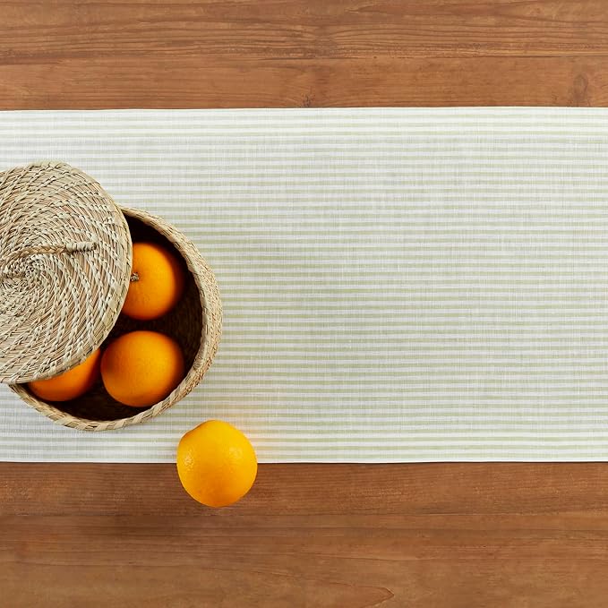 Solino Home 100% Pure Linen Table Runner, 14 x 48 in, Sage and White Stripe | Narrow Stripe, styles dining tables for meals and celebrations, European flax fibres, soft to the touch, OEKO-TEX Certified