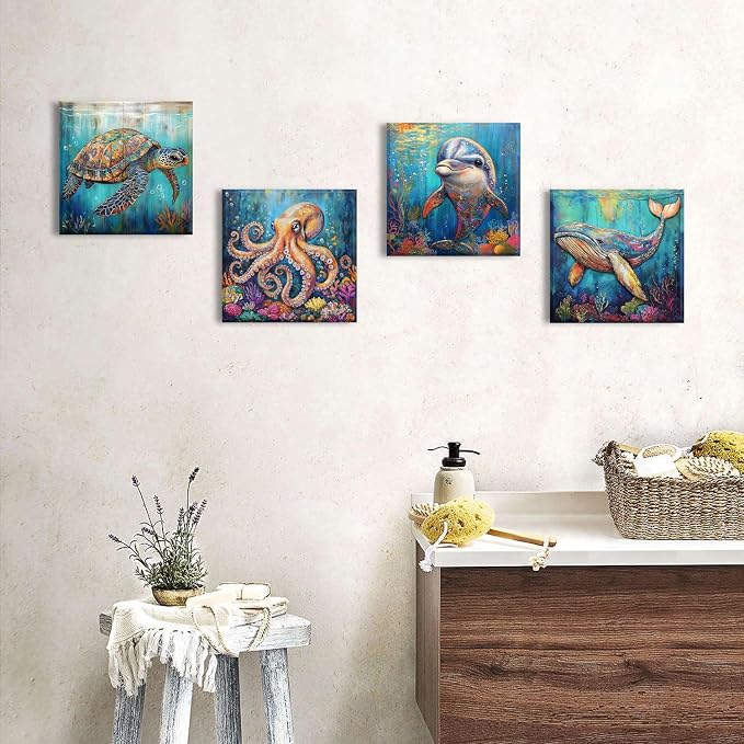 Beach Animal Wall Art Sea Turtle Bathroom Wall Decor Watercolor Octopus Whale Dolphin Pictures Canvas Prints Ocean Nursery Paintings Abstract Coastal Marine Life Posters Artwork Decoration 12x12" 4P