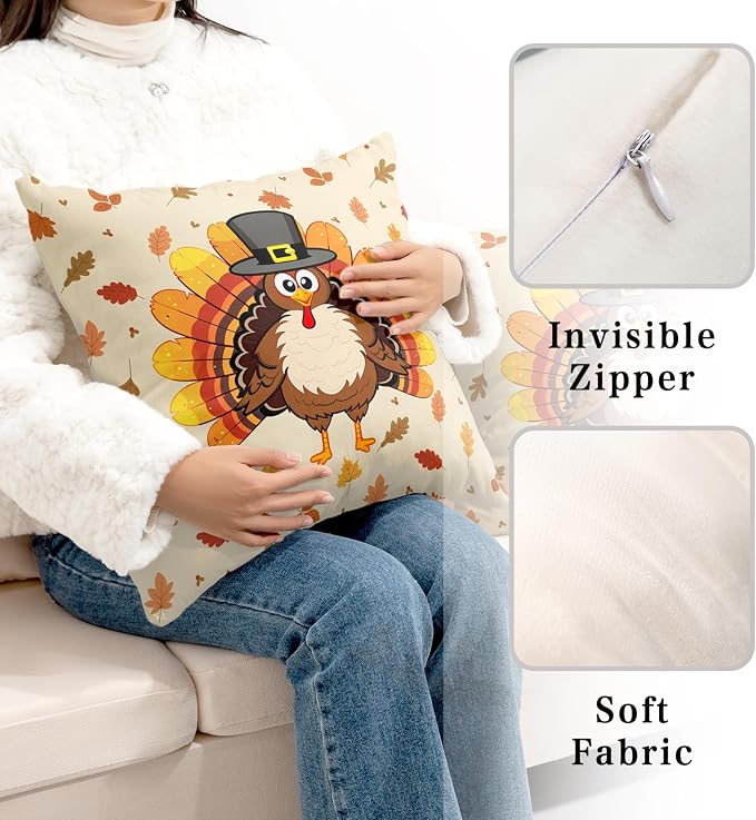 Happy Thanksgiving Pillow Covers 18x18 Cute Cartoon Turkey with Fall Maple Leaves Throw Pillow Covers Square Cotton Blend Pillow Case Set of 2 for Living Room Sofa Bedding