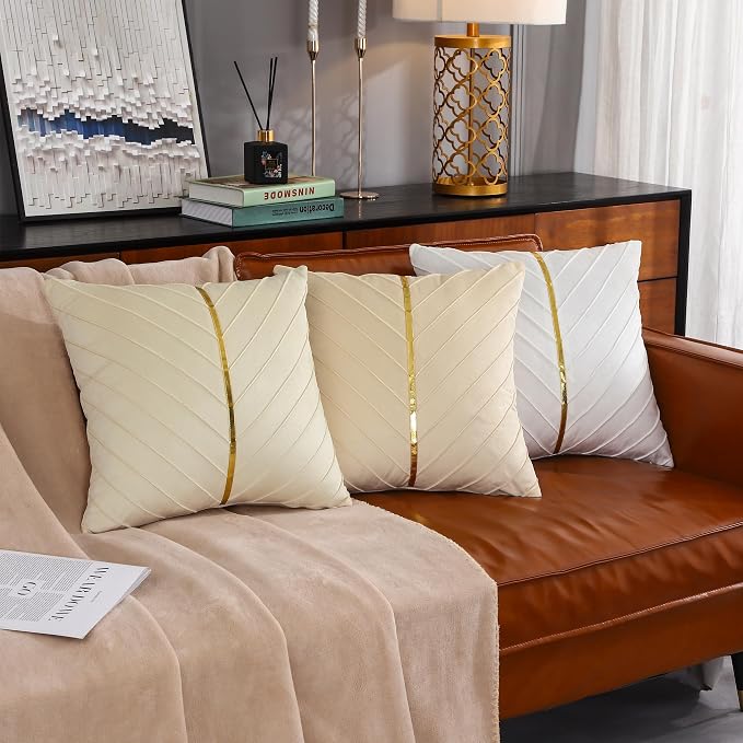 Velvet Throw Pillow Covers 22x22 inch Pack of 2 Gold Decor White