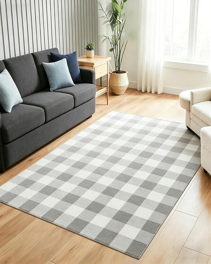 Buffalo Plaid Outdoor Rug 4x6 Ft Gray and White Checkered Area Rug Washable Indoor Outdoor Rugs for Entryway,Hallway, Kitchen, Living Room, Dining Room, Bedroom