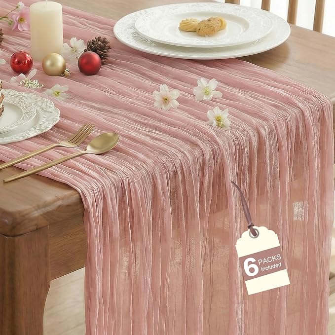 IVAPUPU Dusty Pink Table Runner 120 Inches for Birthday Party Home Decor | 6 Pcs Boho Gauze 10FT Cheesecloth Table Runners for Wedding Baby Shower Decorations Summer Garden Farmhouse
