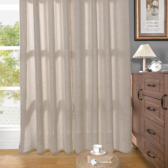 YoungsTex Extre Long Linen Curtains for Living Room 108 Inch Length | Bronze Grommet Natural Semi Sheer Textured Drapes Light Filtering for Bedroom, 2 Panel, 52 X 108 Inch
