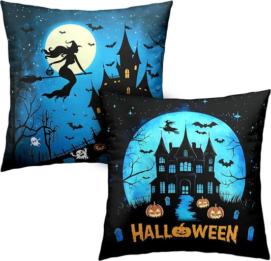 Halloween Pillow Covers 20x20 Set of 2 Witch Castle Throw Pillow Covers Horror Full Moon Night Pillow Case Bat Ghost Pumpkin Cushion Case for Holiday Party Home Decor Couch Sofa