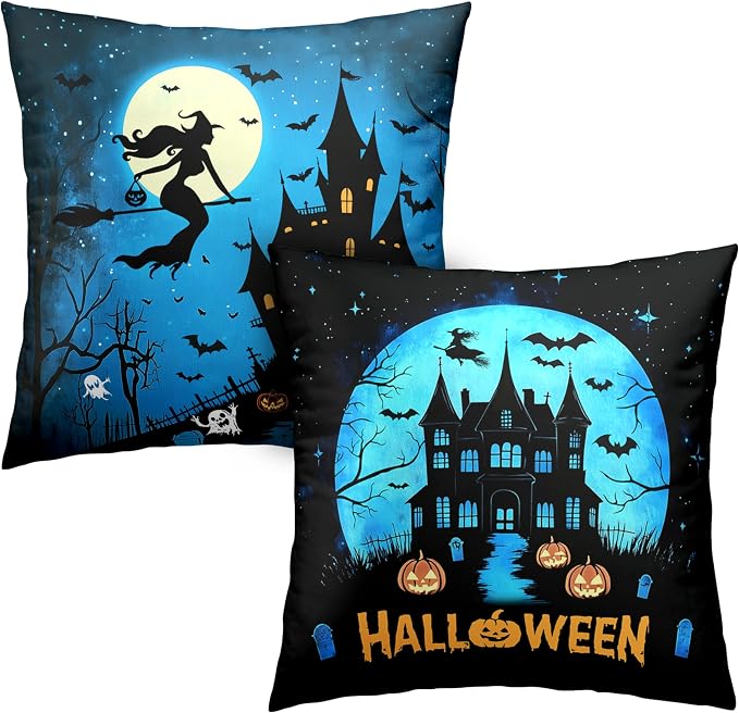 Halloween Pillow Covers 18x18 Set of 2 Witch Castle Throw Pillow Covers Horror Full Moon Night Pillow Case Bat Ghost Pumpkin Cushion Case for Holiday Party Home Decor Couch Sofa