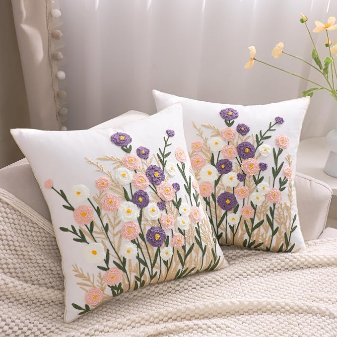 Embroidered Throw Pillow Covers 18x18 Pack of 2 Floral Pillow Covers Farmhouse Pillowcases Outdoor Garden Cushion Case Summer Decorations for Home (Purple and Pink Flower)