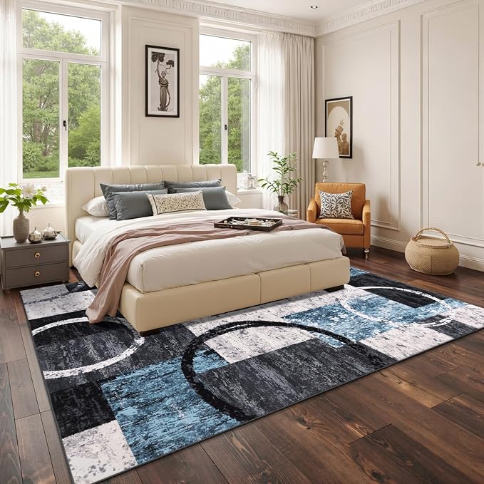 Yamaziot 8x10 Washable Modern Abstract Area Rug Non-Slip Living Room Rug | Stain Resistant, Low Pile, Ultra Soft Carpet Rug with Rubber Backing for Dining Room, Nursery, Bedroom, Office, Blue