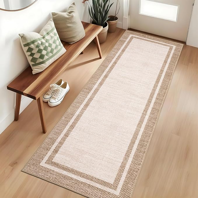 COZYLOOM 2x10 Runner Rug for Bedroom Washable Kitchen Rugs Non Slip Non Shedding Minimalist Rug Stain Resistant Low Pile Floor Cover Foldable Soft Modern Mats for Bathroom, Entryway, Hallway, Beige
