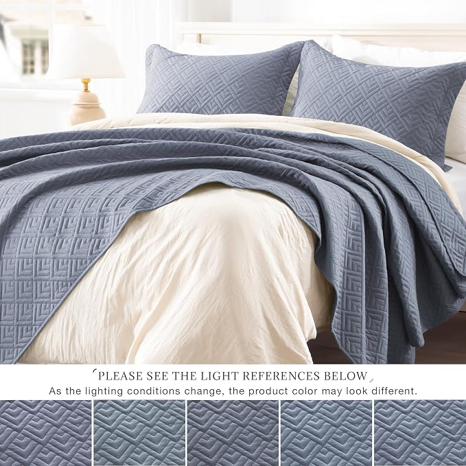 EXQ Home Quilt Set Queen Size Summer Squares Pattern Bluish Grey Bedspread | Bedding Set For All Season Use, Soft & Breathable Coverlet,3-Piece Set Includes 2 Shams, Machine Washable