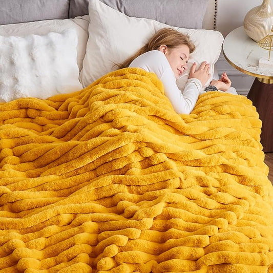 NEWCOSPLAY Faux Fur Ribbed Twin Blanket for Couch, Mustard Yellow, 60"x80" | Plush Soft Thick Warm Blanket for Couch Sofa Bed 850GSM, Fluffy Cozy Luxury Decorative Throw, Gift for Women Men