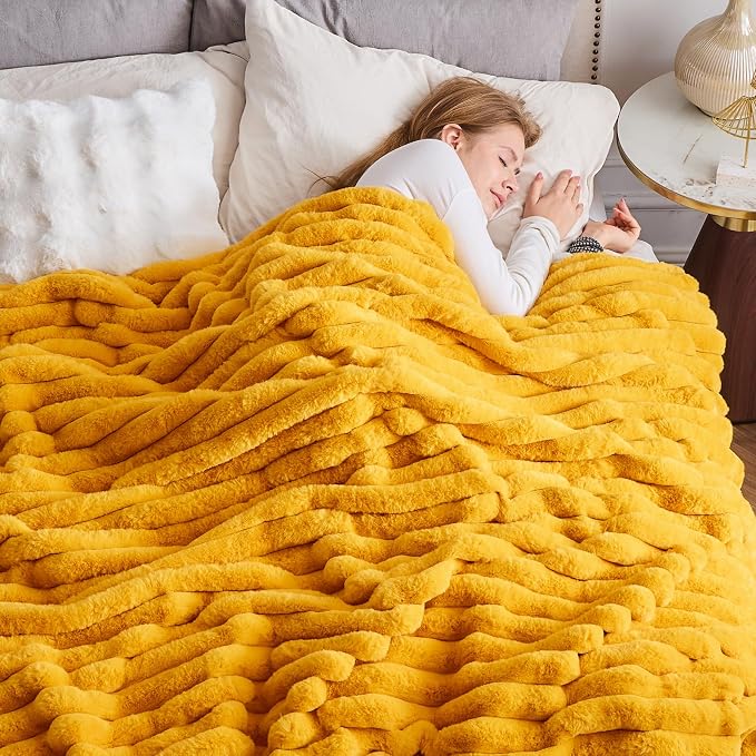 NEWCOSPLAY Faux Fur Ribbed Throw Blanket for Couch, Mustard Yellow, 50"x60" | Plush Soft Thick Warm Blanket for Couch Sofa Bed 850GSM, Fluffy Cozy Luxury Decorative Throw, Gift for Women Men