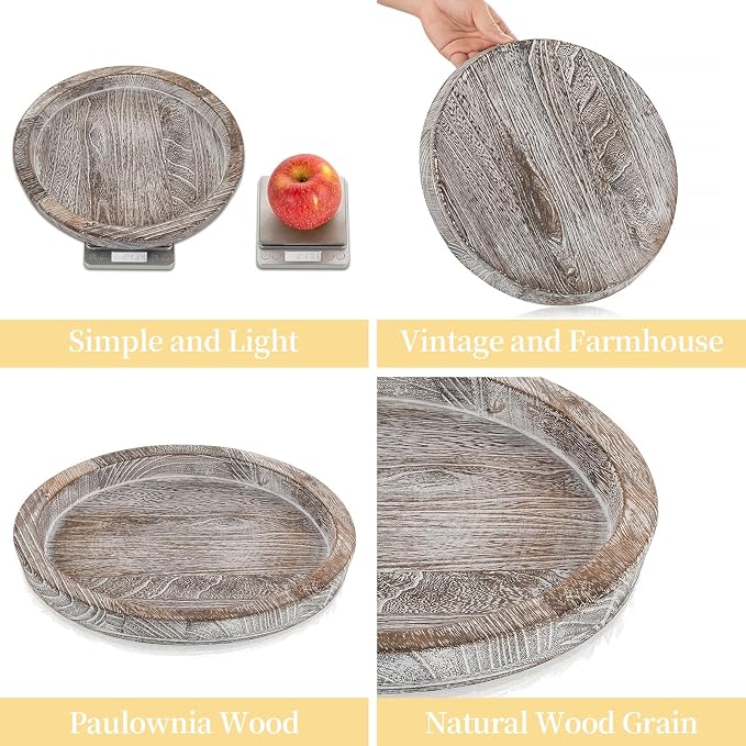 Romadedi Farmhouse Wooden Candle Tray, 11 Inch Round, Whitewashed