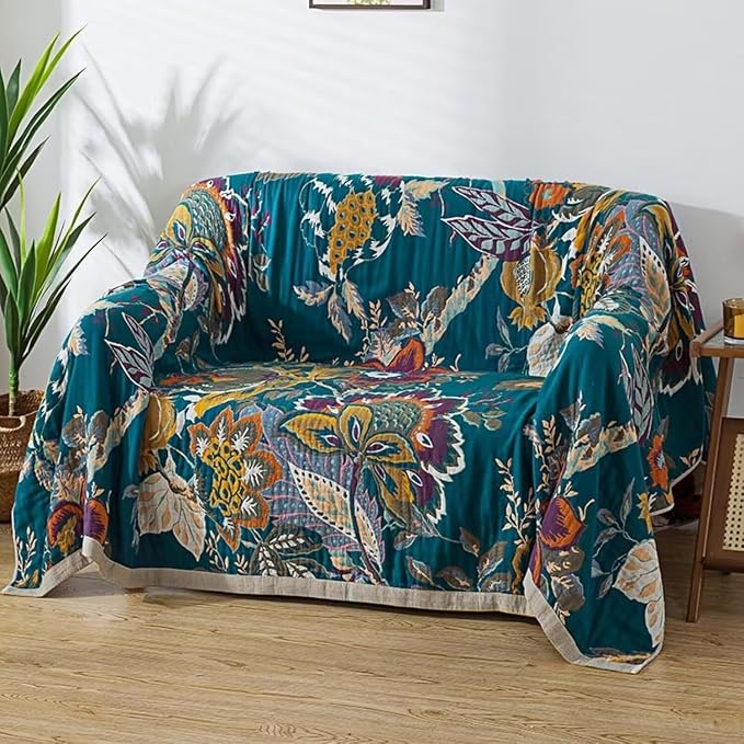 Boho Throw Blanket for Bed 100% Cotton Bohemian Blankets Ultra Soft Woven Muslin Decorative Blankets All Seasons Vintage Quilt Knitted Blanket for Sofa Chair(Beige, 80"x90")