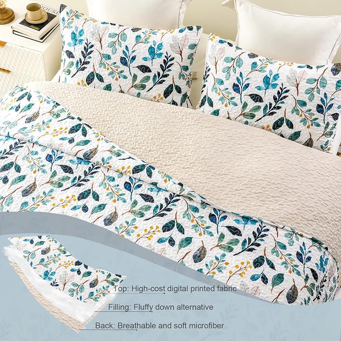 Whale Flotilla Patchwork Quilt King Size, Extra Soft Floral Leaf Bedspreads | Reversible Lightweight King Quilt Bedding Set for Bed, White Green Printed Coverlets with 2 Pillow Shams for All Seasons