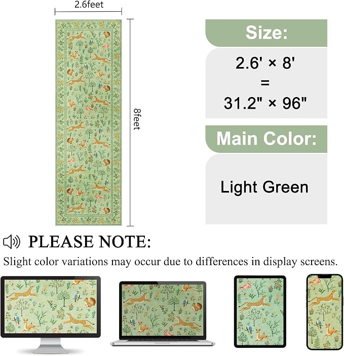DUKINO 2.6x8 Rug for Hallway, Washable Kitchen Rugs Non Slip, Light Green | Low Pile, Stain Resistant, Soft Animal Indoor Carpet Runner for Entryway, Bedroom, Bathroom, Laundry, Lightweight, Home Decor