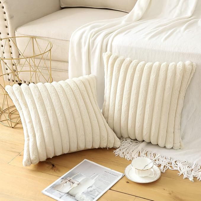 Soleebee Set of 2 Throw Pillow Covers Soft Cozy Velvet Pillowcase Faux Rabbit Fur Cover for Couch Sofa Bed Chair Home Decorative Pillows Cover (18x18 Inch, Ivory White)