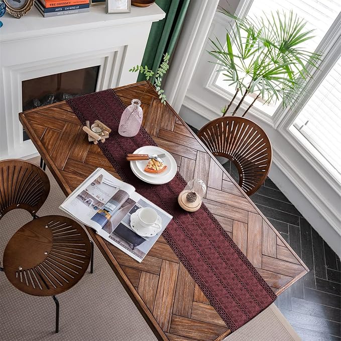 Macrame Table Runner Burgundy Boho Table Runners with Tassels 12x60in | Alynsehom Hand Woven Cotton Table Runner Rustic Farmhouse Table Runners for Bohemian Kitchen Dining Table