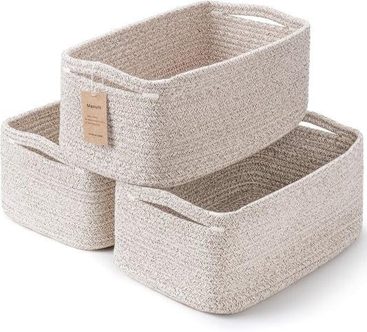 3 Pack Storage Baskets for Organizing, 13.7×9.5×6.3", Mixed brown | Woven Baskets for Shelves, Cotton Rope Basket for Gifts Empty, Closet Organizer Bins with Handles, Cube Decorative Box