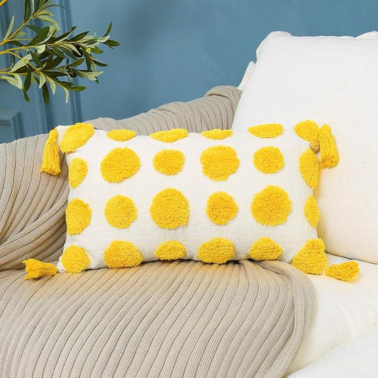 PLWORLD Boho Yellow Lumbar Pillow Cover 12x20, Tufted Cream Chenille Case with Pom Poms & Tassels, 1PC Cover Only, No Insert