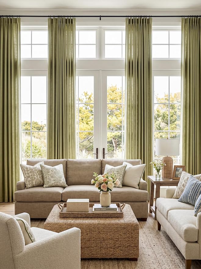 Liz Pinch Pleated Linen Curtains Light Filtering Curtains for Living Room, Farmhouse Window Curtains for Bedroom, Modern Drapes with Hooks and Rings, 108 Inches Long, Olive Green, 2 Panels Set