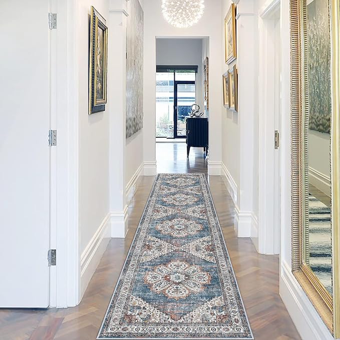 Washable Kitchen Runner Rug 2x10: Non-Slip Hallway Rugs Indoor Soft Low Pile Stain Resistant Carpet for Bedroom Laundry Entryway Ultra-Thin Vintage Home Decor Floor Mat for Bathroom (Blue, 2 x 10)