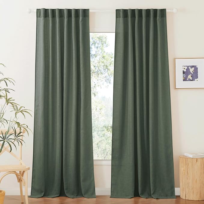 RYB HOME Farmhouse Boho Linen Sheer Curtains 90 inches Long for Living Room | Flax Linen Blend,Light Filtering,Semi Sheer,Wrinkle Resistance,Back Tab,Dorm Dining Room,W52 x L90,2 Panels,Hunter Green