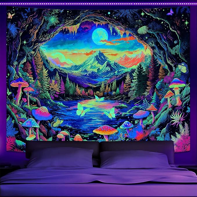 Zussun Blacklight Mushroom Forest Tapestry UV Reactive Nature Mountain Moon Butterfly Tapestry for Bedroom Aesthetic Landscape Small Tapestries Wall Hanging for Dorm Living Room Decor 60 x 44 Inch