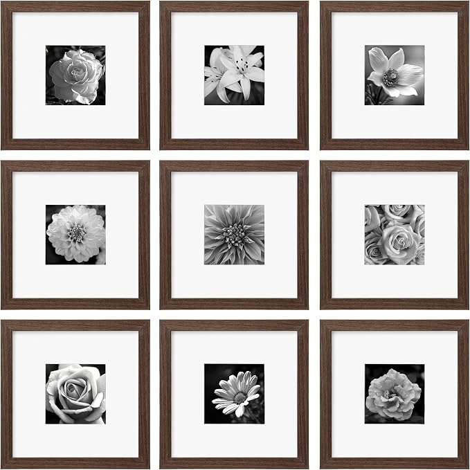 eletecpro Picture Frames Set of 9, 8x8 in, Acrylic Cover, Walnut Brown | Display Photo 4x4 with Mat or 8x8 without, Square Gallery Collage, Wall Mount, Minimalist Home Decor, Engineered Wood