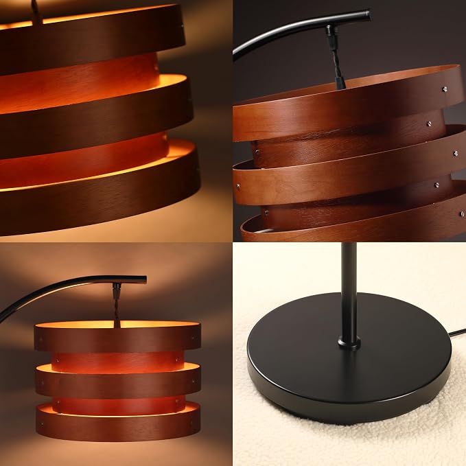O’Bright Strata Wooden Floor Lamp - Mid Century Modern Standing Lamp with Layered Wood Shade, Tall Reading Lamp for Living Room, Bedroom, Office, Black, Dark Oak, Horizon Shade