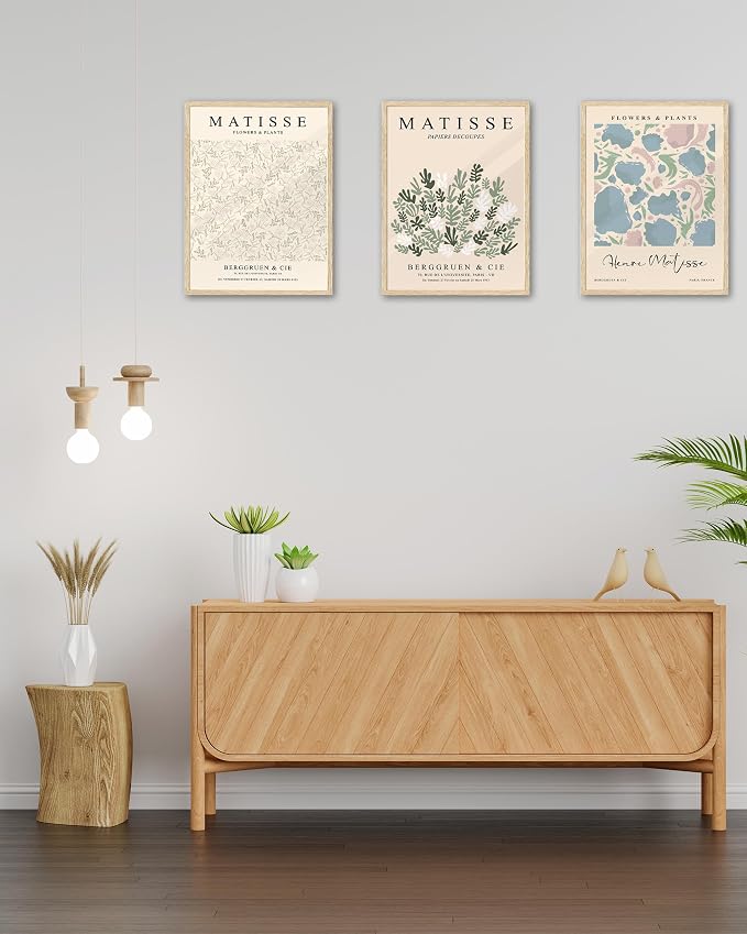 KensTro 12x16 Oak Picture Frames Set of 3 with Matisse Prints | Natural Solid Oak Wood Frames with 3 Matisse Prints, Clear Front, Ready for Posters, Photos, Wall Art and Paintings