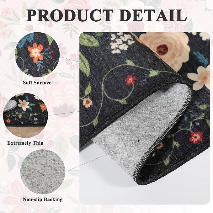 DUKINO 3x10 Runner Rug, Floral Washable Kitchen Runner Rug Non Slip, Black | Soft, Low Pile, Stain Resistant Indoor Rug Runner for Hallway, Entryway, Bedroom, Bathroom, Modern Home Decor, Pet Friendly