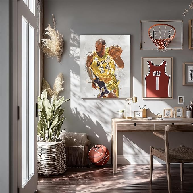 Kobe Bryant Basketball Canvas Wall Art, Sports Player Poster, 24x30 Inch | Abstract splash ink athletic artwork, motivational sports wall decor for teen boys room, bedroom, living room, gym or office