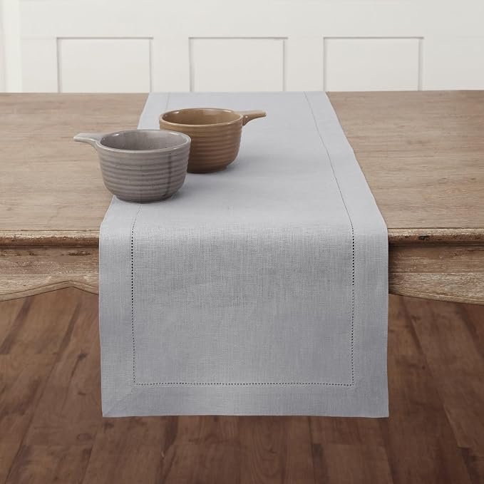Solino Home 100% Pure Linen Dining Table Runner Grey Hemstitch, 14 x 108 in | Classic Hemstitch, styles dining tables for meals and celebrations, hemstitched border, mitered corners, OEKO-TEX Certified