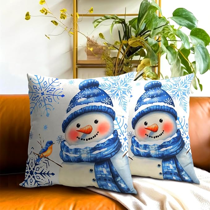 Winter Snowman Throw Pillow Covers 22x22 inch Set of 2 Christma Snowman Blue Snowflakes Bird Decorative Pillowcase Xmas Holiday Cushion Cover for Home Sofa Patio
