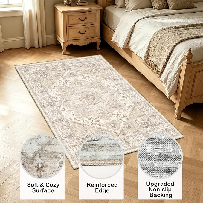 AooHHooA 3x5 Washable Entryway Rug Beige, Soft Stain Resistant 3x5 Boho Rug Vintage Small Rugs for Entryway, Low Pile Lightweight Non-Slip Indoor Door Mat Small Rugs for Bedroom Bathroom