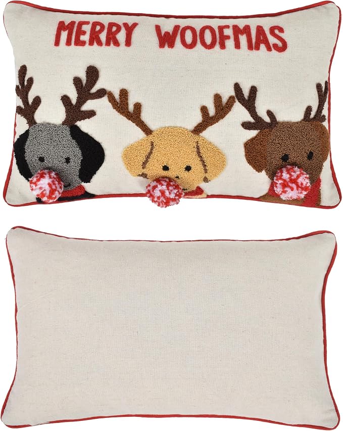 Merry Woofmas Christmas Pillow Covers 12x20, Cute Dog Embroidered Throw Pillowcases Christmas Decorations Holiday Pillows for Home Couch,Linen/red