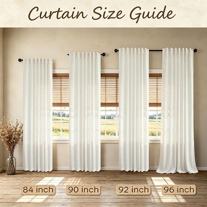 Natural Linen Back Tab Curtains 84 Inch Length for Living Room 2 Panel Pocket Drape Light Filtering Semi Sheer Neutral Country Rustic Farmhouse Boho Curtain Bedroom Muslin Look Ivory Cream Colored