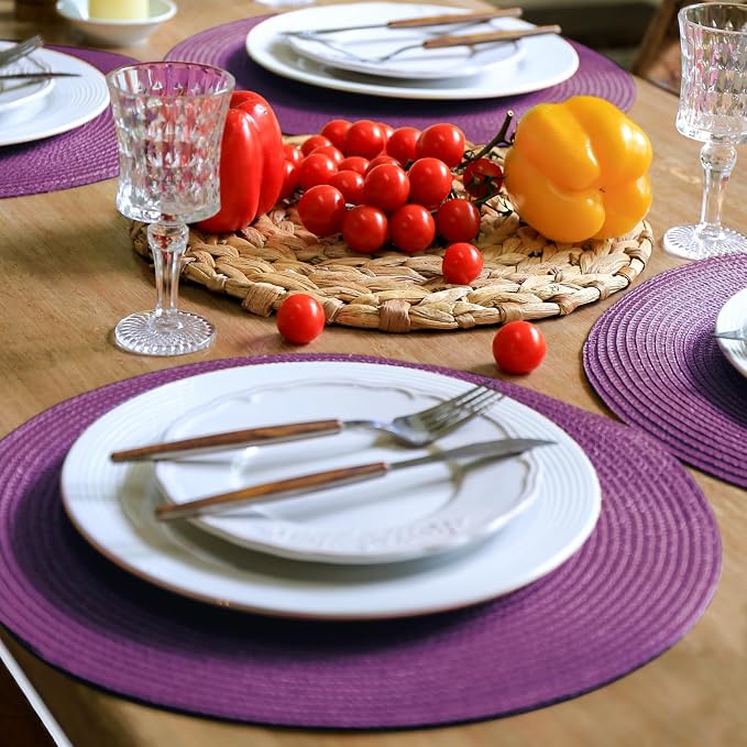 FunWheat Round Braided Placemats Set of 8 Table Mats for Dining Tables Woven Washable Non-Slip Place mats 15 inch(Purple,8pcs)