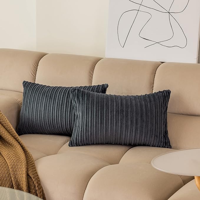 Kevin Textile Striped Corduroy 12”x20” Pillow Covers 2 Pack, Dark Grey