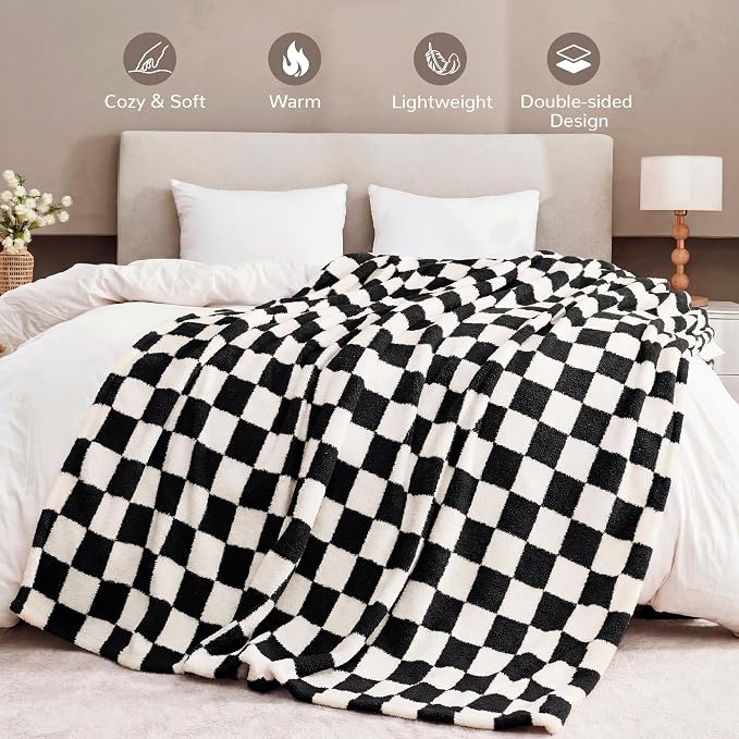 Black Checkered Twin Size Blanket, Soft Plush Microfiber Fleece Blanket for Couch Sofa Bed, Cozy Decorative Home Blanket, All Season, 60x80 Inches