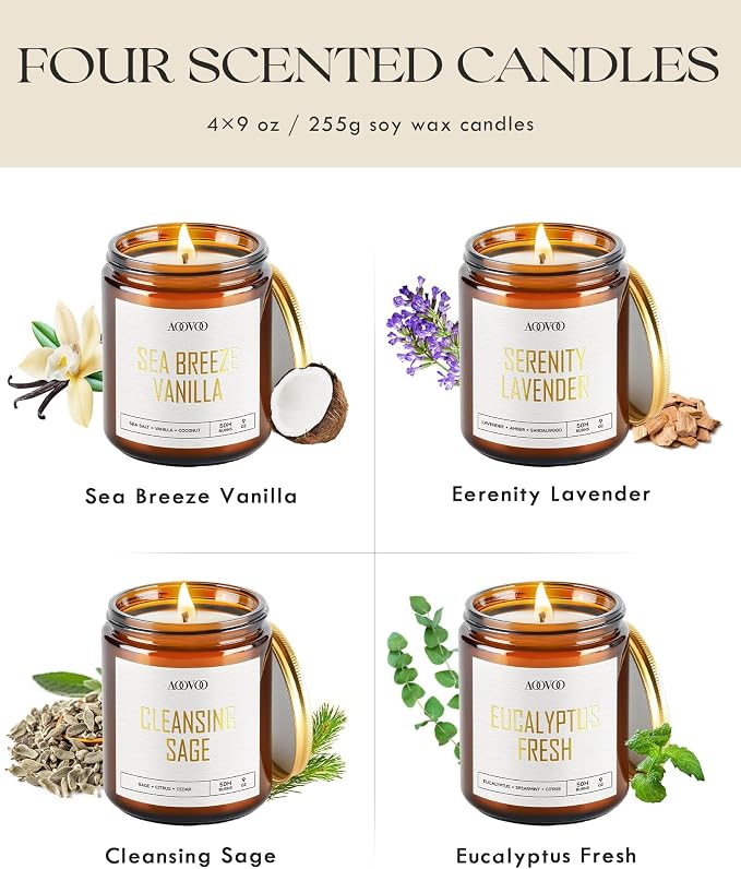 AOOVOO Scented Candles - 4PC Candle Set, 36 oz Soy Candles | Soy Candle for Home Scented, Lavender/Vanilla/Eucalyptus/Sage