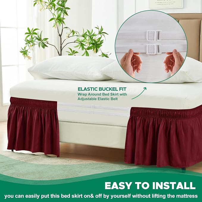 Wrap Around Queen Size Bed Skirt 18 Inch Drop-Elastic Dust Ruffle Burgundy | Adjustable Pleated Bedskirt-Easy Fit Wrinkle Resistant Washable Hotel Quality Fabric Bed Skirting-Master Guest Bedroom Rental