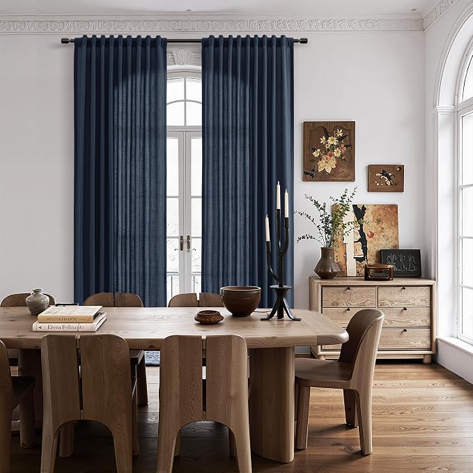 Linen Curtains 72 Inches Long for Living Room Semi Sheer Light Filtering Curtain Back Tab Rod Pocket Neutral Boho Modern Farmhouse Decor Window Drapes for Bedroom 52x72 2 Panels Navy Blue