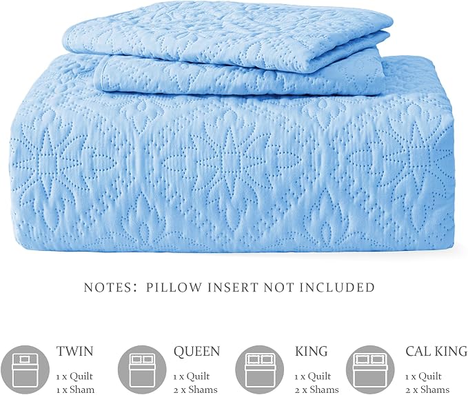 Exclusivo Mezcla California King Quilt Set, Light Blue | Lightweight Soft Bedspreads Coverlets, All Season Bedding with 2 Pillow Shams, Modern Style for Bedroom Guest Room