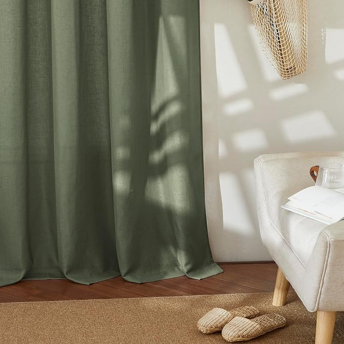 RYB HOME Linen Sheer Curtains 2 Panels for Living Room, Semi Transparent Privacy Drapes with Rod Pocket Farmhouse Style Window Treatments for Bedroom, Olive Green, 52" W x 84" L