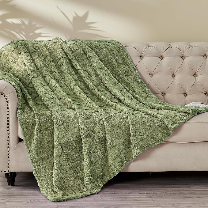 FY FIBER HOUSE Throw Blankets with Heart Checkered,Soft Warm Blankets for Lover Mom Father Gifts,Washable Lightweight Fuzzy Blanket for Couch Sofa Bed All Season(Sage Green,60"x80")